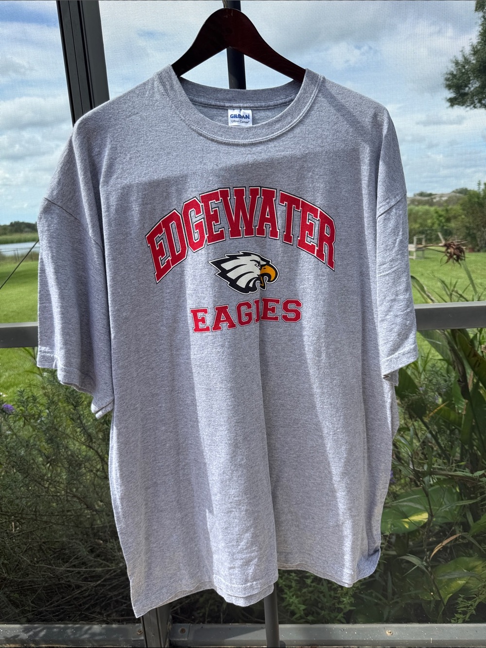 Gildan Heather Gray Edgewater Eagles Short Sleeve Tee with Red Logo